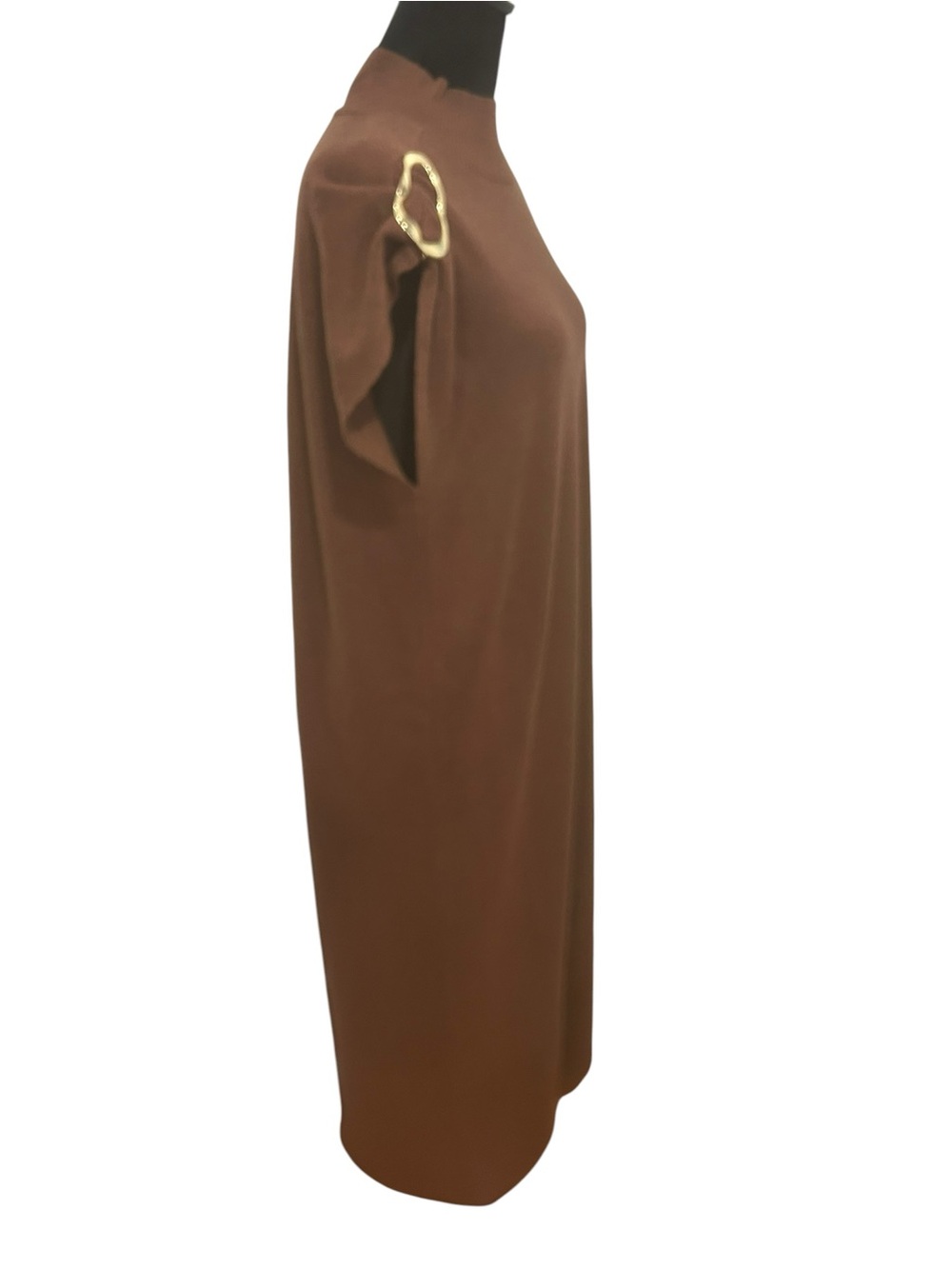 Anthropologie new Maxi knit dress large brown &gold Buckle Draped Mock Neck chic - Picture 6 of 16